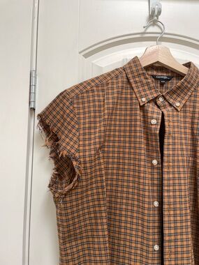 George Orange and Black Plaid Short Sleeve Button-Down Shirt